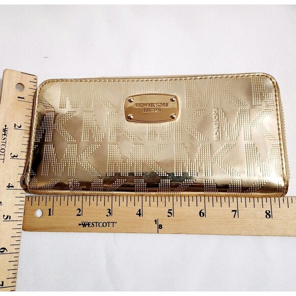 MICHAEL KORS JET SET METALLIC CONTINENTAL ZIP AROUND MK LOGO WALLET - Picture 6 of 10